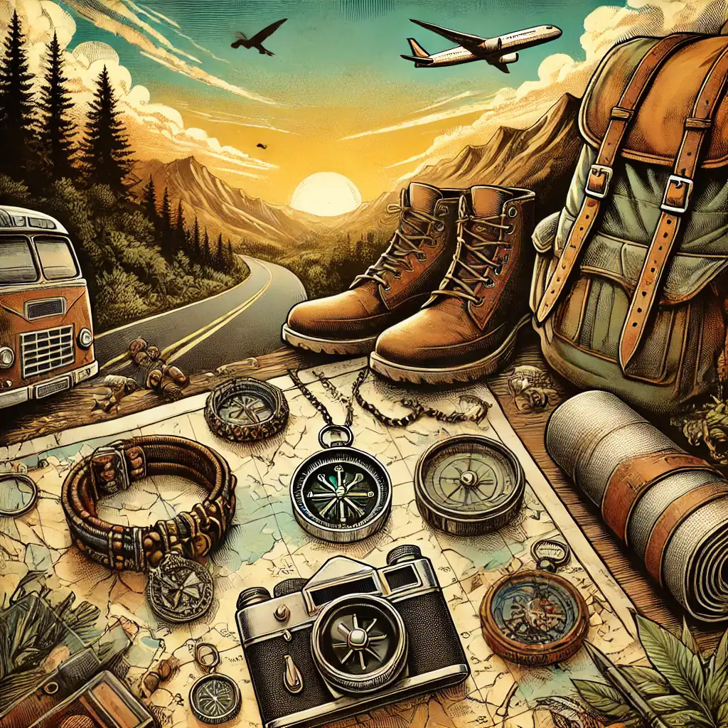 Batoh, turistické boty, instax fotoaparát, hodinky, mapy, kompas, náramky, vojenské dalekohledy, průvodce, křišťálová koule, staré rádio, krabička zápalek, přírodní scenérie a letadlo na obloze, typická výbava pro outdoorové dobrodružství, zachycená v ilustračním stylu pro cestování a outdoorové aktivity.