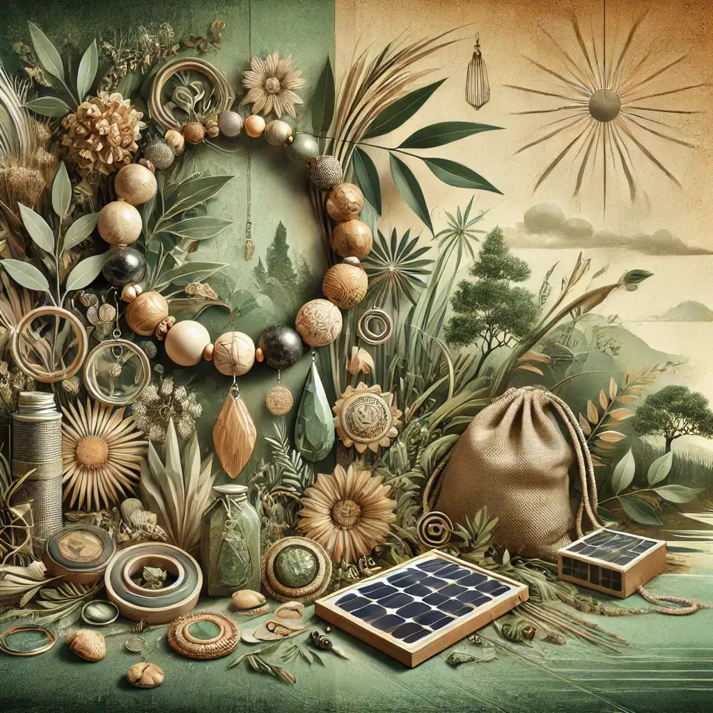 Barevná dekorace s přírodními prvními šperky, dřevo, sklo a textil, inspirovaná přírodou, ideální pro tvorbu a výrobu náhrdelníků, náramků a dalších šperků, tvoří dokonalou atmosféru pro kreativní dílnu.