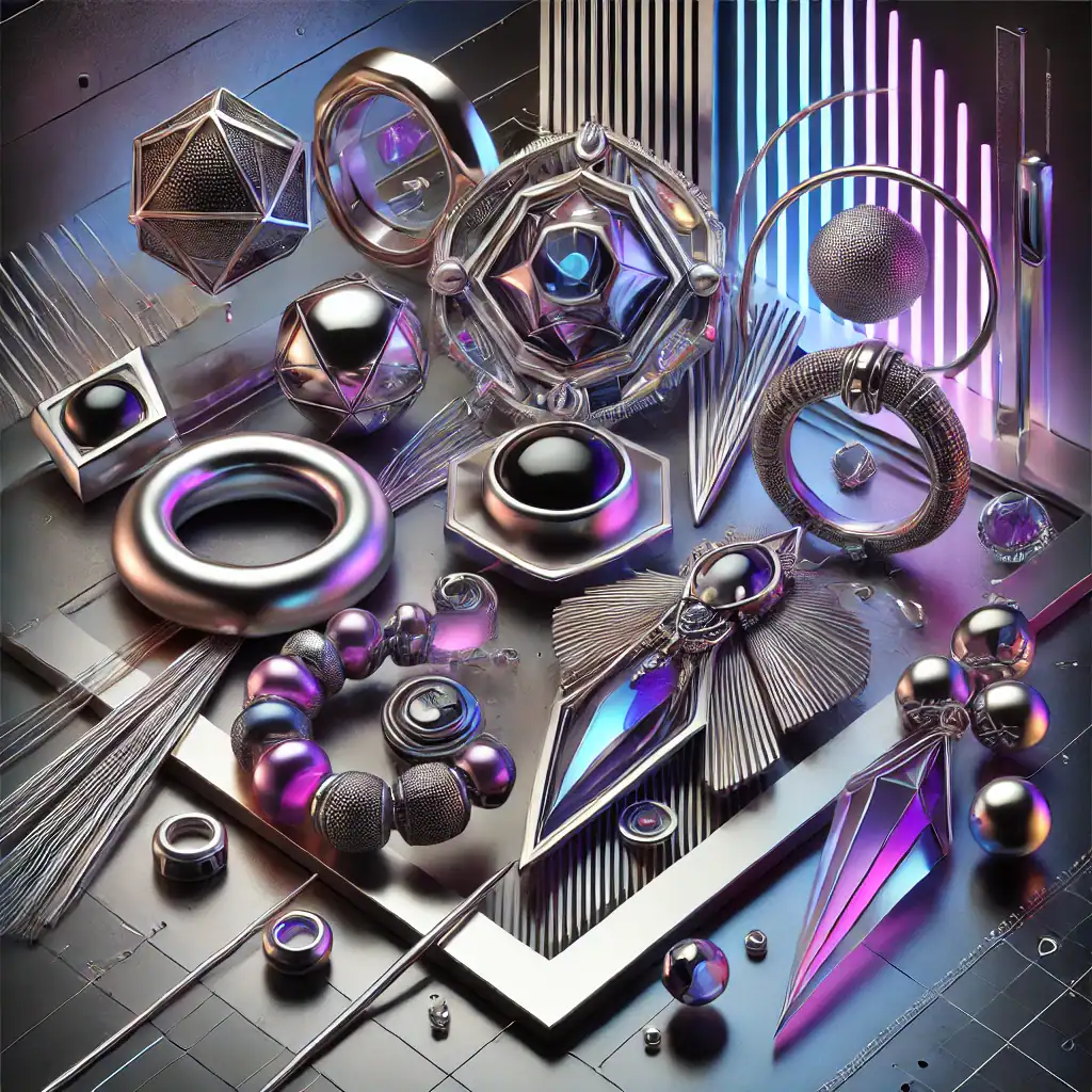 Lesklé šperky a geometrické rozměry na futuristickém kovovém povrchu, osvícené barevnými LED světly, moderní design, módní doplňky, ručně vyráběné šperky, elegantní a avantgardní styl, umělecké sklo a kovové prvky.