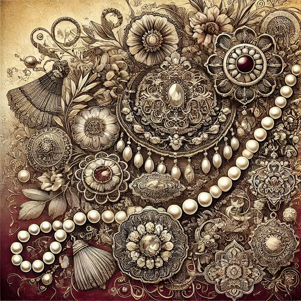Brož, perlový náhrdelník a šperky z drahých kamenů, skvělý výběr pro milovníky ručně vyráběné bižuterie a vintage šperků. Ideální pro elegantní toky a osobní styl.