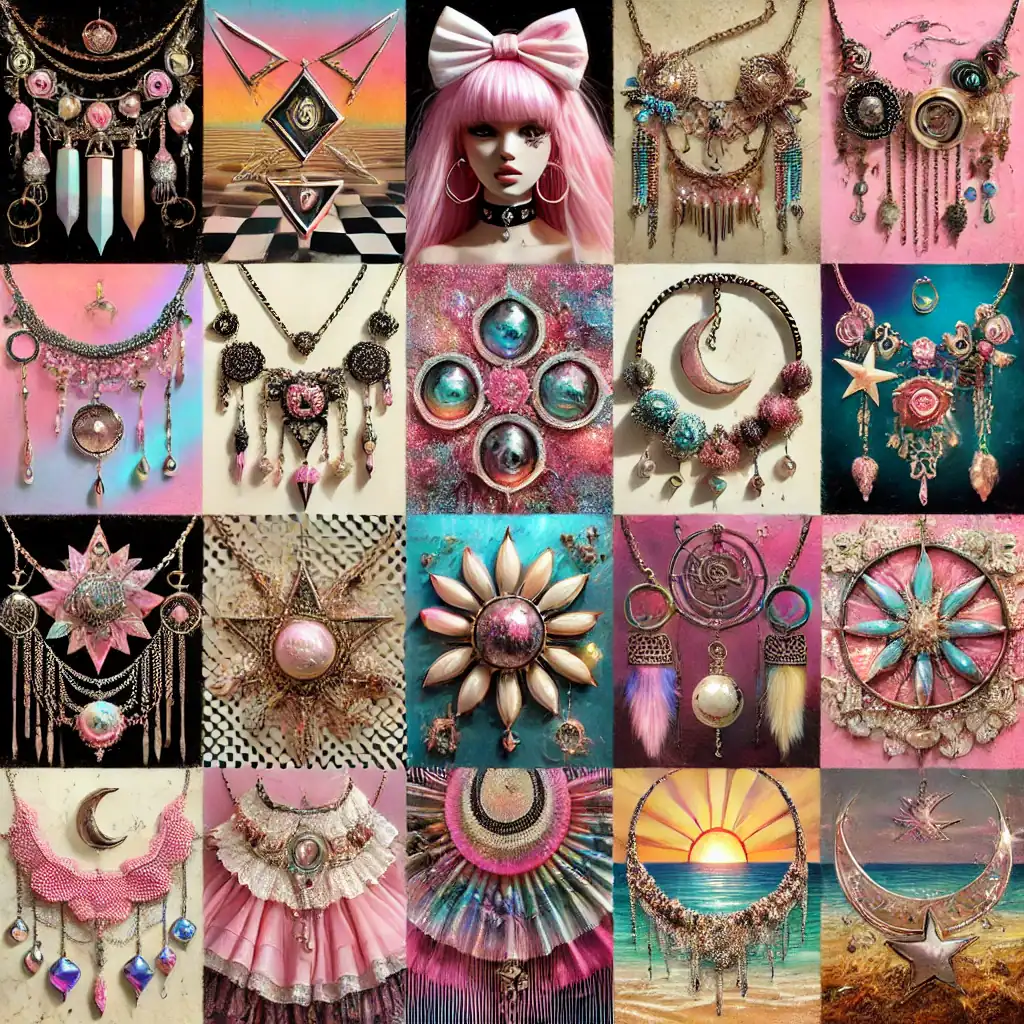Vzorové fotky šperků a módních doplňků s tématikou měsíce a slunce, zdobené perličkami, krystaly a barevnými kameny, ideální pro fanoušky šperků, náhrdelníků, náušnic a originálního designu.