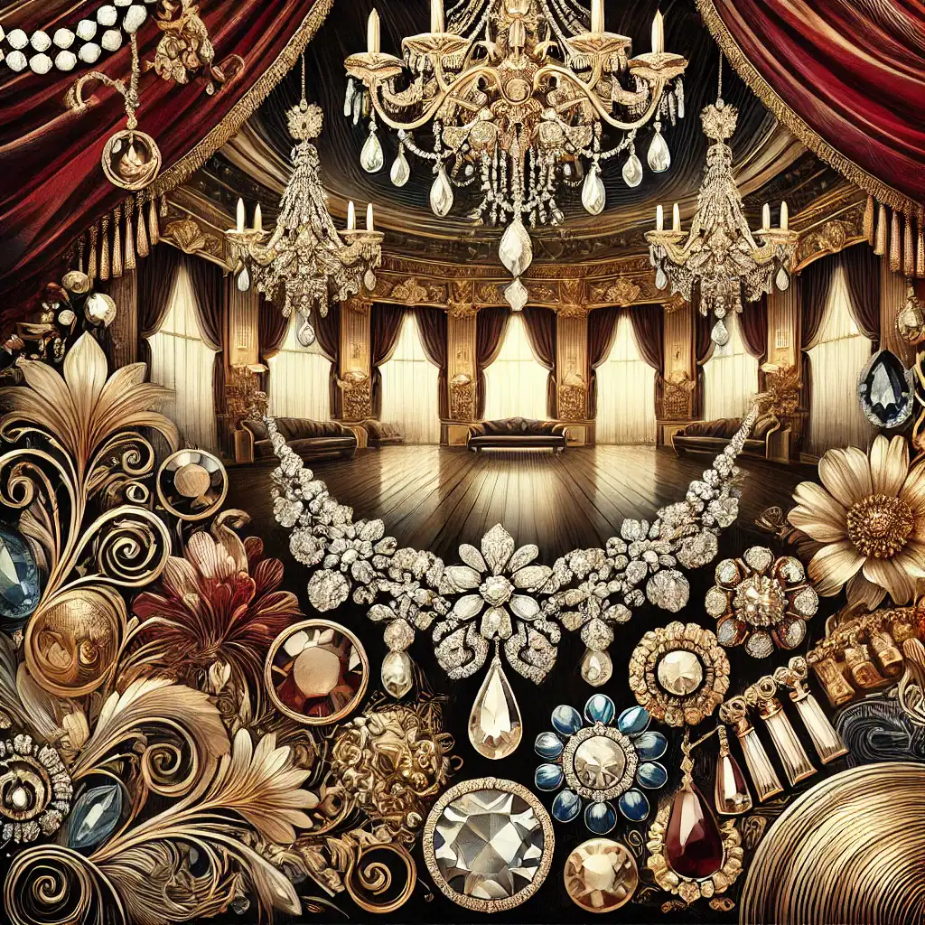 Luxusní šperky a bižuterie s diamanty a drahými kameny na elegantním pozadí. Vhodné pro šperky, módní doplňky, luxusní design, výjimečné šperky a večerní šaty.