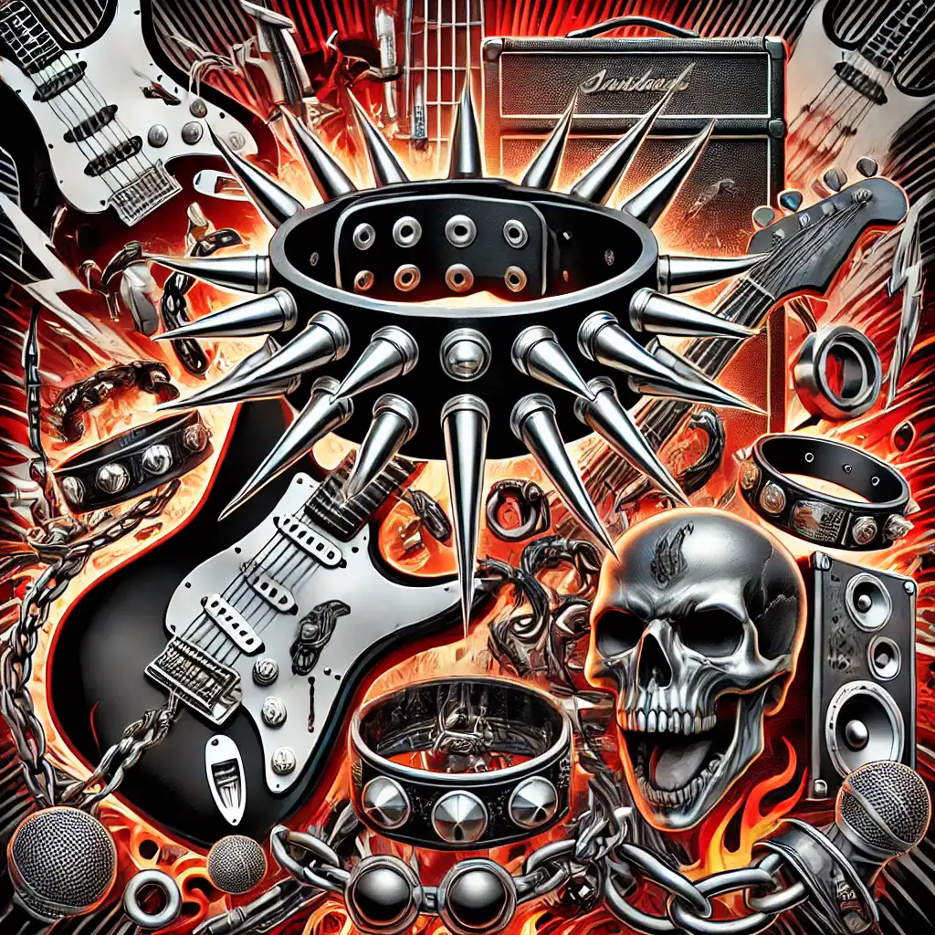 Kovové hudební nástroje a prvky rockového stylu, včetně kytar, zesilovače a lebky s ostny, tvoří dynamickou a extrémní scénu plnou energie a rebellion.