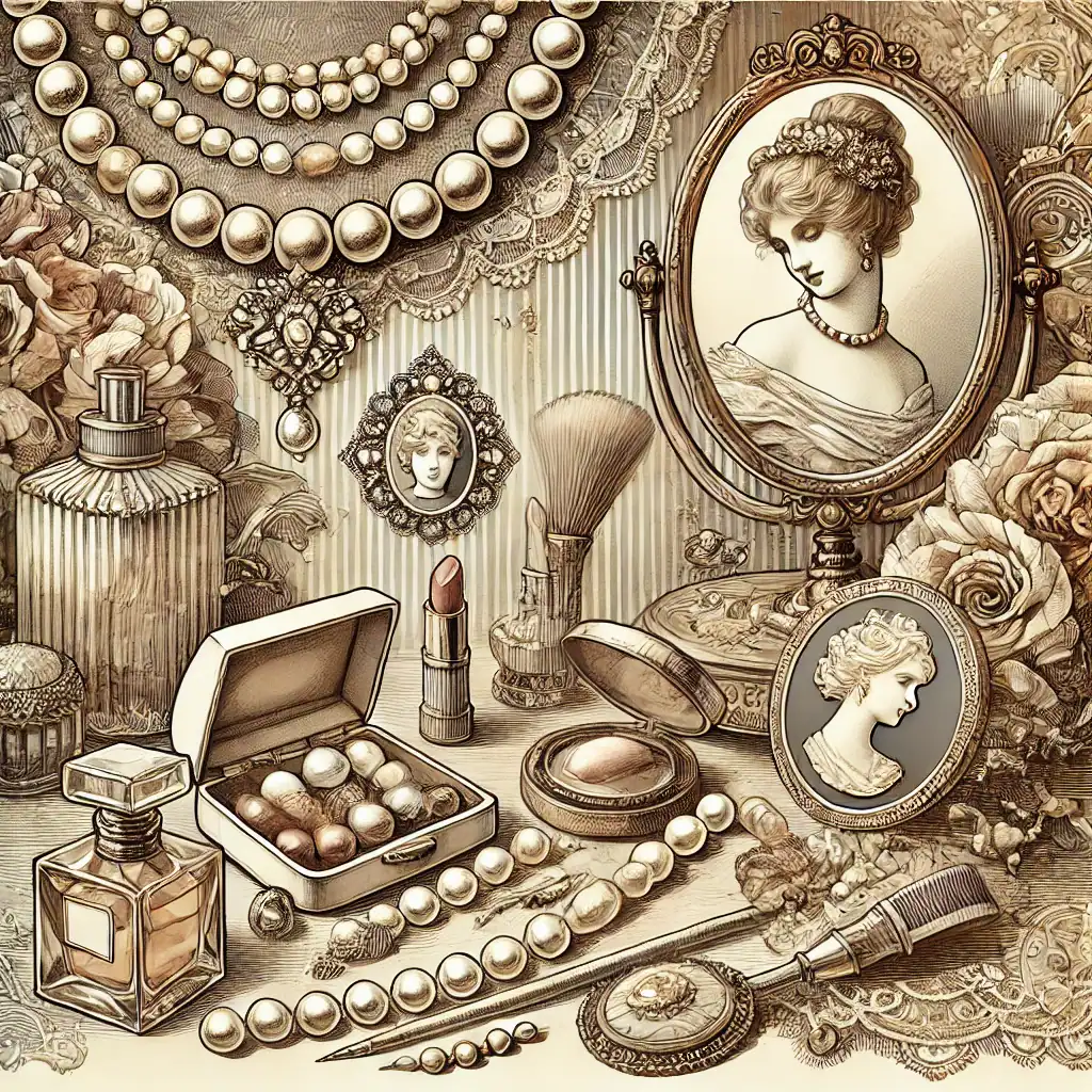 Perlové šperky a vintage dekorace, zrcadlo s portréty, rtěnka, parfém a kartáč, vše ve starožitném stylu. Ideální pro milovníky elegantních doplňků a vintage estetiky.