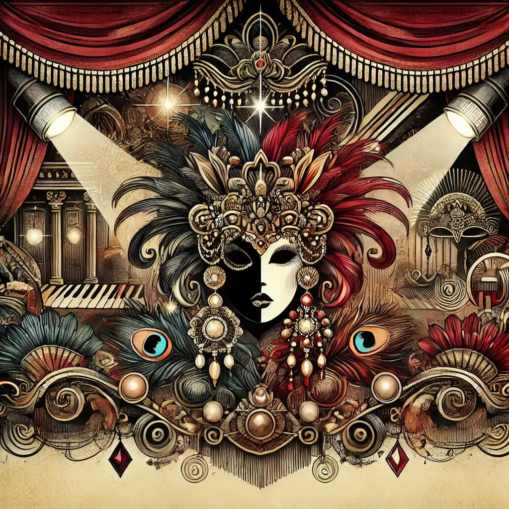 Krásná umělecká ilustrace s maskou a zdobenými peřím, inspirovaná karnevalovým nebo scénickým motivem, ideální pro šperk nebo módní doplňky.
