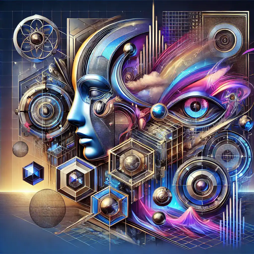 Akvarelová ilustrace technologického, futuristického a surrealistického stylu: estetiky a styly s mechanickou tváří, geometrickými tvary, neonovými prvky a digitální energií.