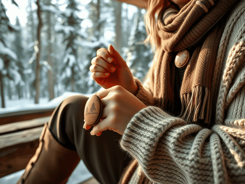  Žena v pleteném svetru a šále sedí na verandě horské chaty, na prstu má prsten s motivem zimní krajiny, obklopená zasněženými stromy.