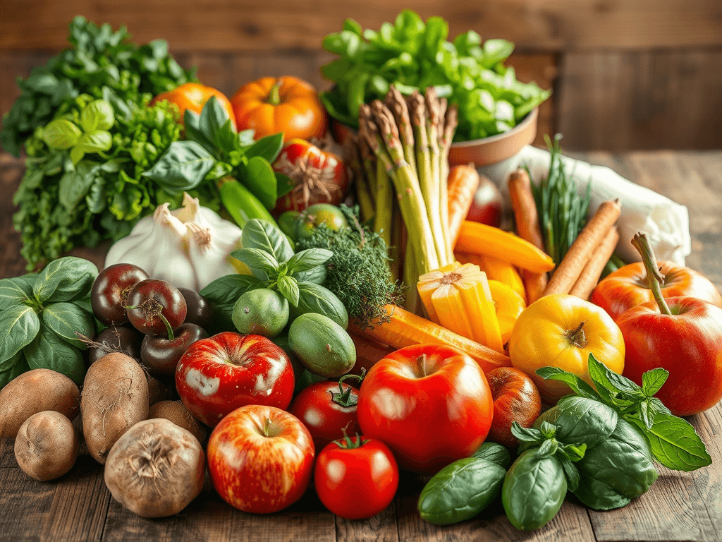 Zelenina čerstvá a barevná na dřevěném povrchu, včetně rajčat, paprik, mrkve, bazalky, česneku a dalších zdravých potravin vhodných pro přípravu jídla.
