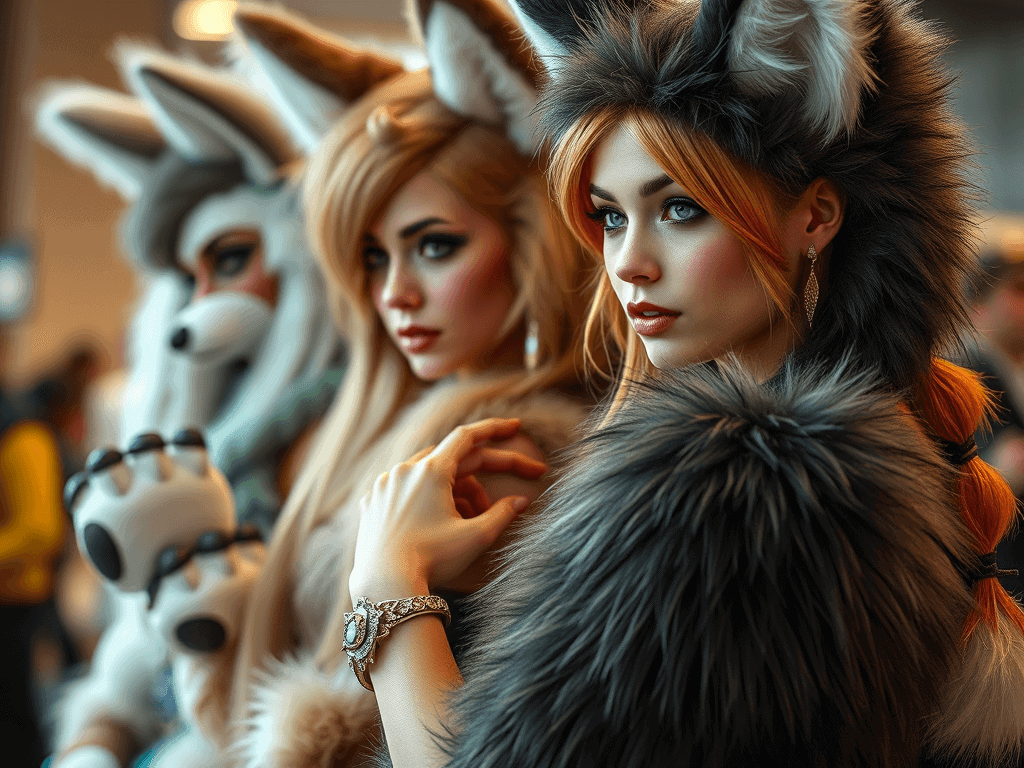Panenky v kostýmech zvířat, detailní portrét žen s kožešinovými a zvířecími costume, módní a noční atmosféra, cosplay a tematické kostýmy, zábava a kreativita na festivalu nebo události.