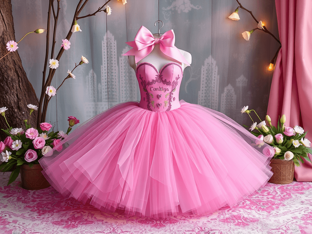 Barevné šaty pro děti s růžovým tutu sukničkou a krajkovým topem, ideální na oslavy a speciální příležitosti, zdobené růžovými stužkami a květinami.