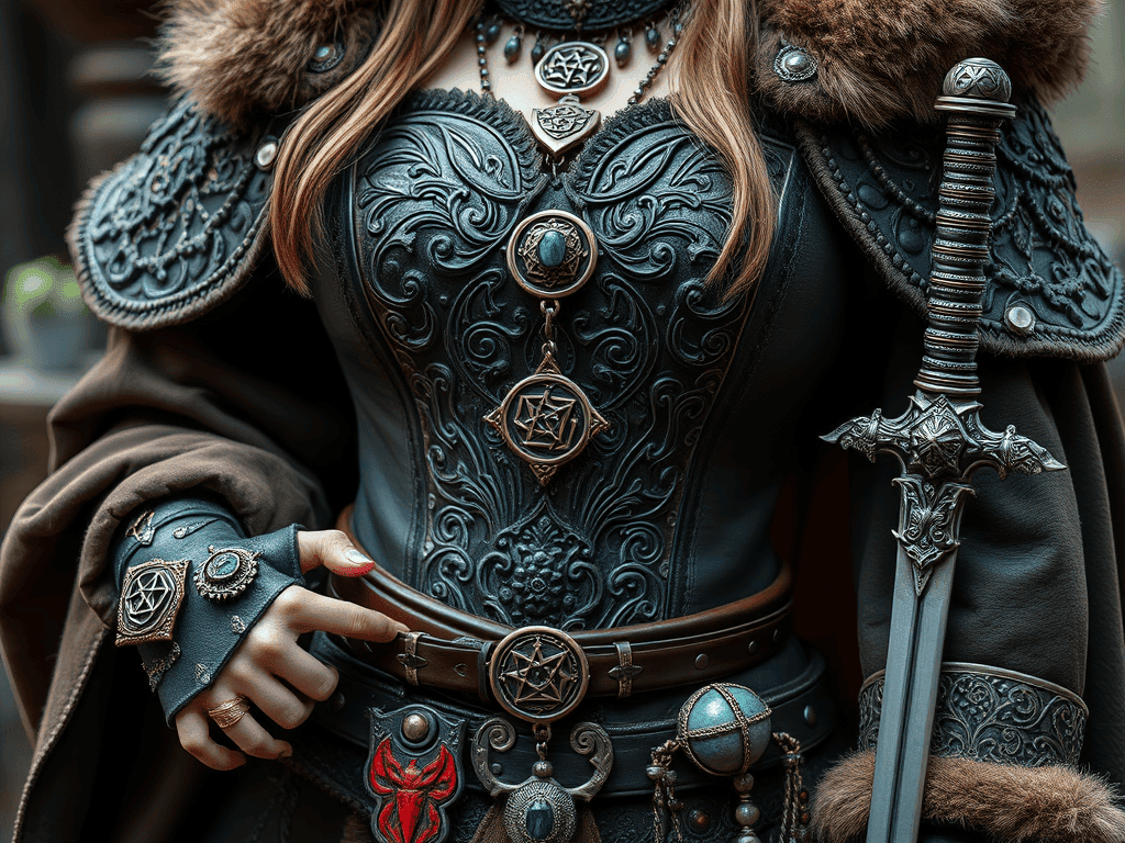 Detail fantasy bojovnice v ozdobném koženém korzetu s drahými kameny, propracovanými šperky a mečem