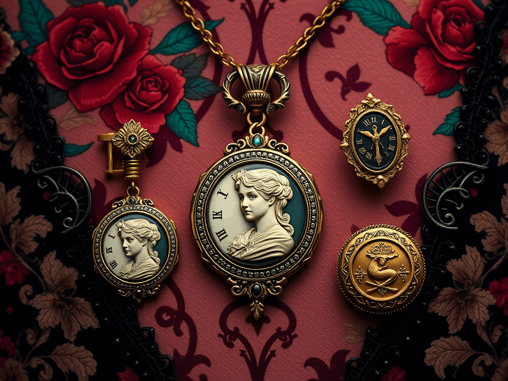 Viktoriánské kapesní hodinky a přívěsky s detailními portréty a zdobením, zasazené na romantickém pozadí s růžemi
