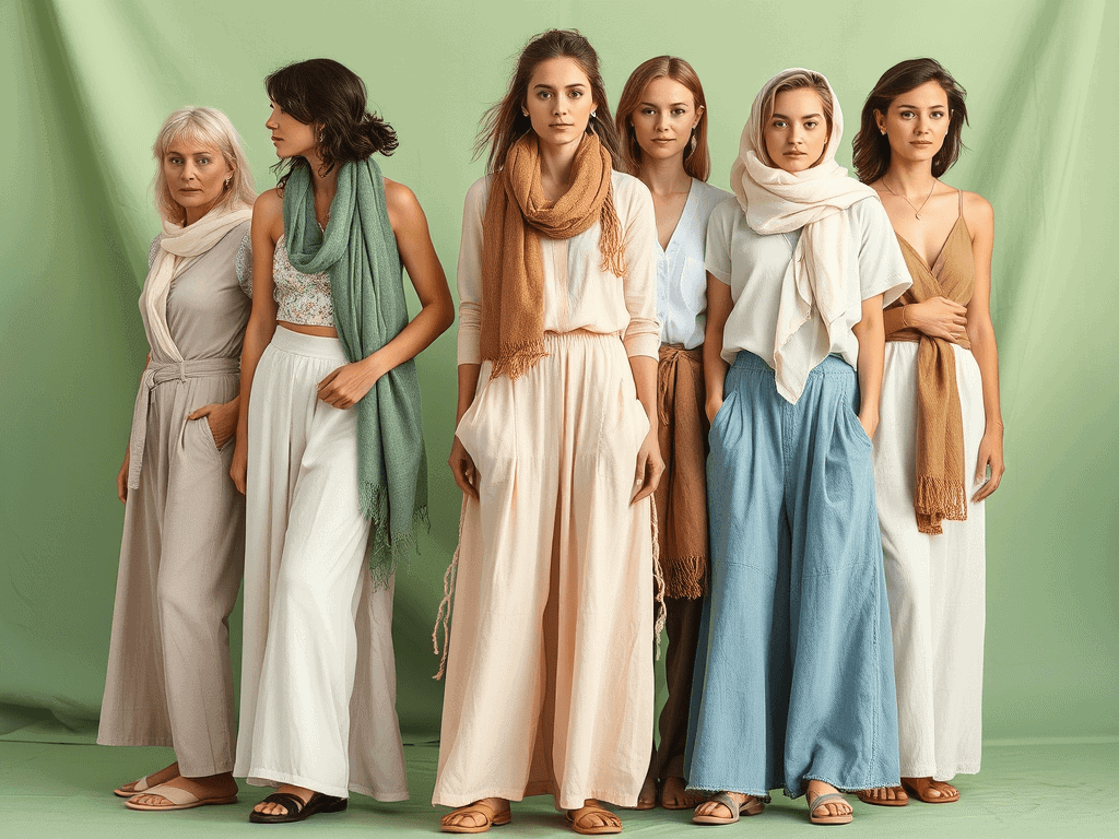 Bead culture, módní společenské oblečení, elegantní dámské outfity, stylové dlouhé kalhoty a šátky, přírodní barvy, módní trendy 2023, pohodlné a stylové oblečení, skupina žen ve fashion looku, moderní dámské šaty, trendy outfity na podzim.