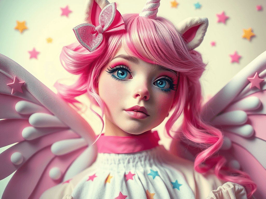 Barevná panenka s růžovými vlasy, roztomilými růžovými rohy a velkými modrými očima, oblečená do fantasy kostýmu s křídly a hvězdami, ideální pro amatérské a profesionální korálkové šperky a kreativní projekty.