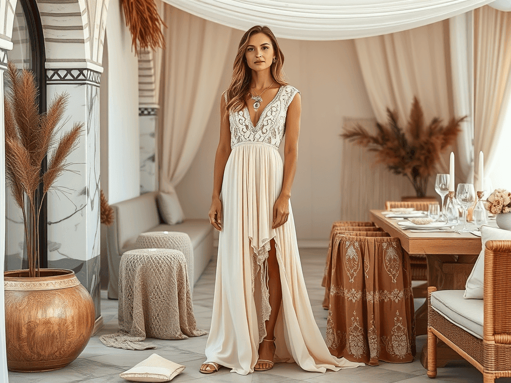 Žena ve vznešených bílých šatech v luxe boho stylu s krajkovými detaily, stojící v sofistikovaném prostředí s jemnými přírodními dekoracemi