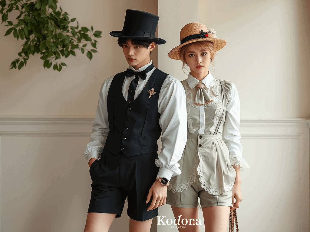 Elegantní vintage inspirované dámské a pánské oblečení s krajkou, saténem a klobouky, ideální pro módní návrháře a fanoušky stylových outfitů.