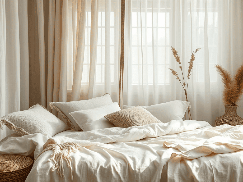 Minimalistická ložnice s lněnými textiliemi.