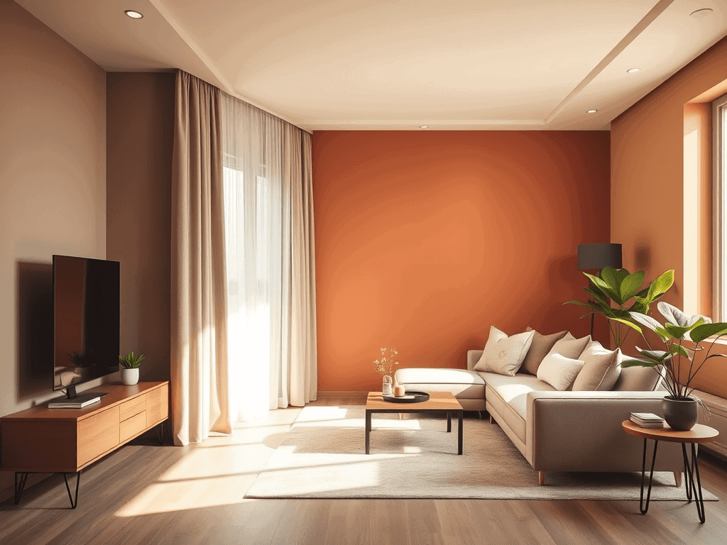Moderní obývací pokoj s teplou oranžovou stěnou.