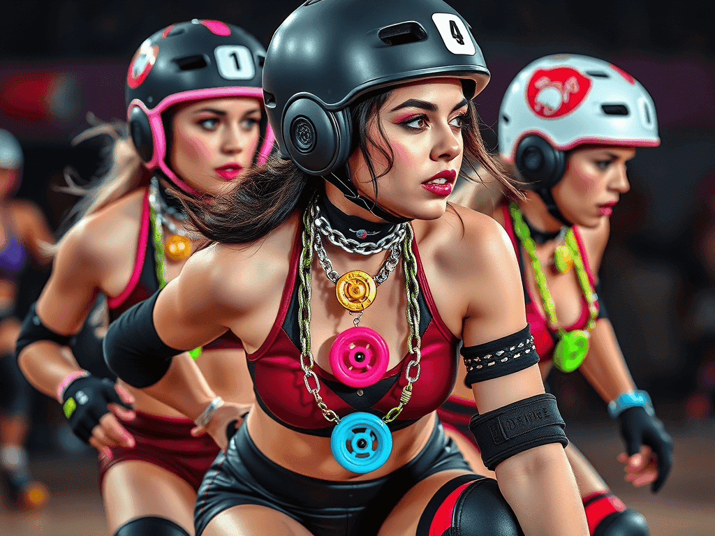 Ženy v roller derby stylu s helmami a výraznými náhrdelníky, soutěžící na bruslích v hale.