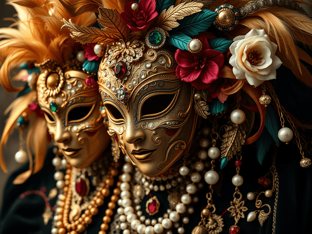 Luxusní masky na karneval, umělecké masky na slavnosti, zdobené masky s perlami a kamínky, přírodní inspirace, jedinečné ozdobné masky na ples a oslavy, Bead Culture, originální bižuterie a masky.