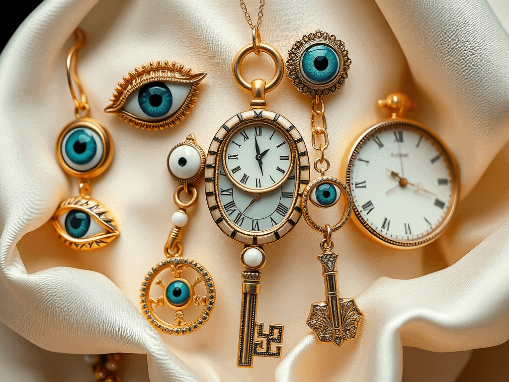 Očí náhrdelník a hodinky s očima a klíčem, elegantní šperky a hodinky s motivem oka, luxusní dámské doplňky pro módní styl.
