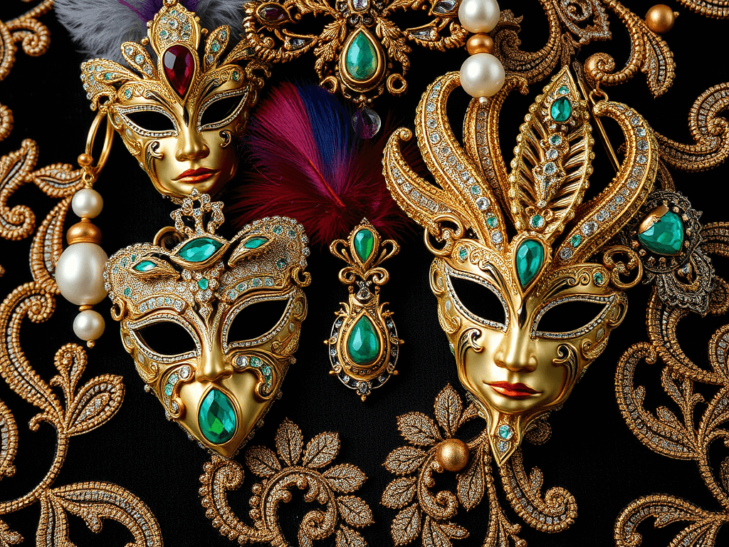 Luxusní masky, náušnice a šperky s různými dekoracemi, dokonalé na karneval nebo párty, vyrobené s precizností a elegancí, rerazeny z vysoce kvalitních materiálů.