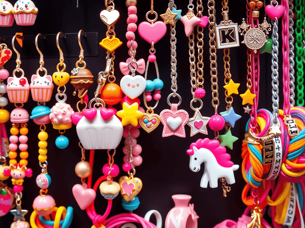 Sbírka kawaii šperků s barevnými přívěsky ve tvaru srdíček, hvězdiček, jednorožců a sladkostí