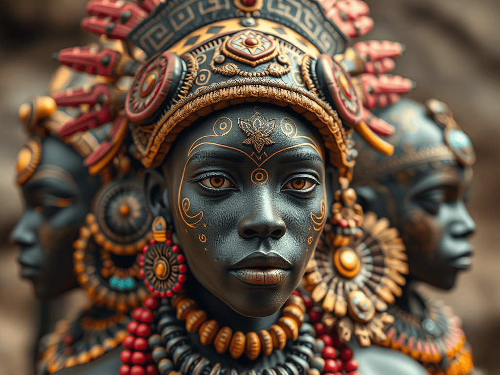 Detailní africké umělecké šperky a korále na portrétu ženy s tradičním oděvem.