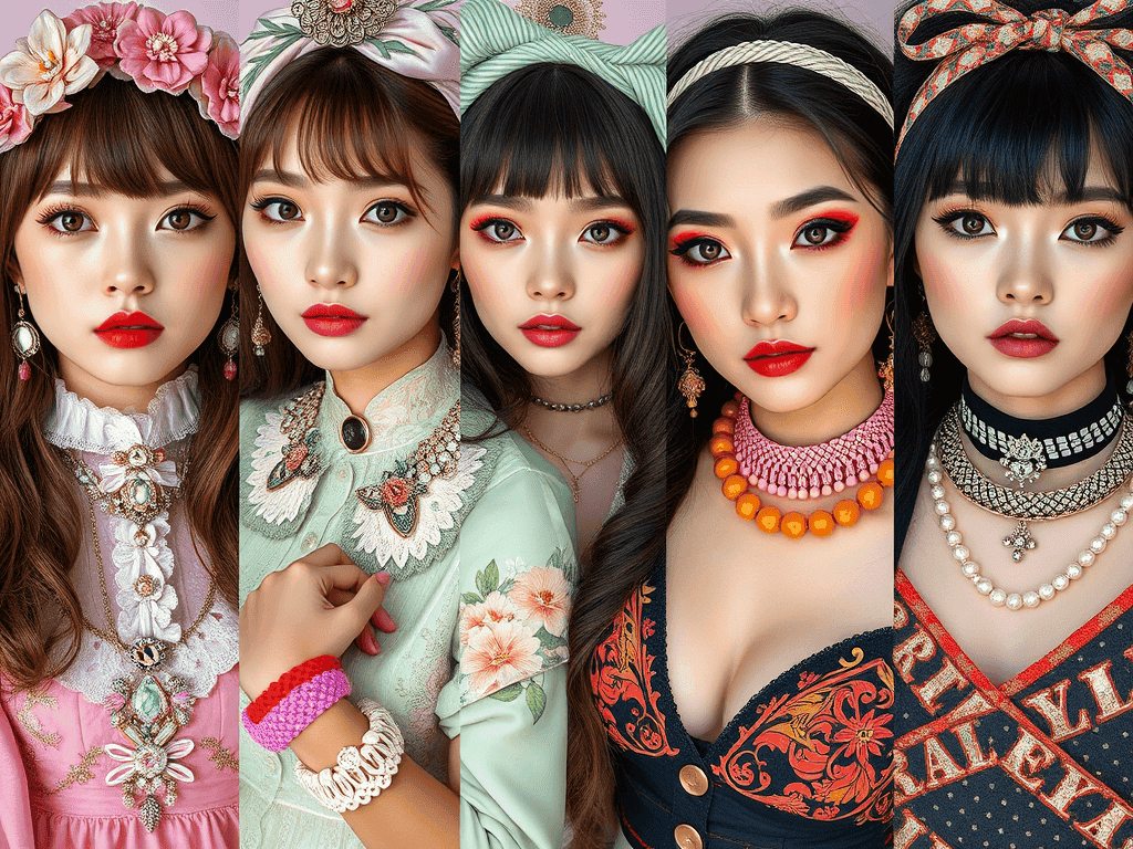 Kytička květin na hlavě, elegantní náušnice, vintage šaty, moderní šperky, Make-up s červenými rty a výraznými oči, stylové retro, módní doplňky, oděvní a šperkové inspirace - krásné a kreativní módní vizuály.