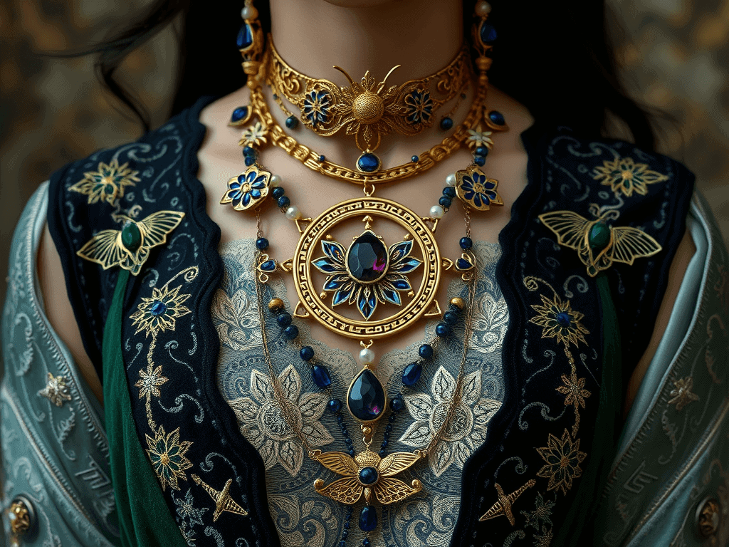 Elegantní souprava zlatých šperků s motivy včel, květin a modrých drahokamů, detailně vyobrazená na tradičním zdobeném oděvu.