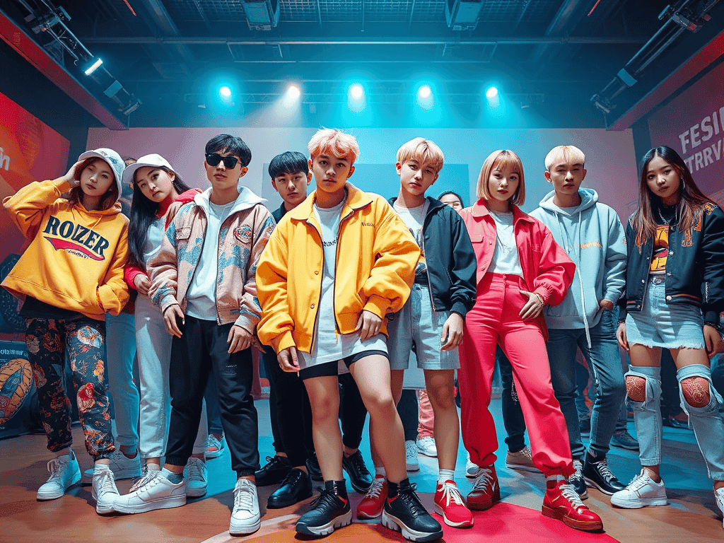 Foto skupiny mladých lidí na módní akci s barevnými oděvy a trendy obuví, moderní zábava a streetwear styl, v pozadí je stage s osvětlením a plakatem festivalu Bead Culture.