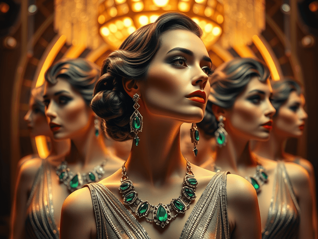 Luxusní šperky s perleťovými a smaragdově zelenými kameny na elegantních modelech na pozadí zlatých dekorací, ideální pro módní a šperkařské produkty Bead Culture.