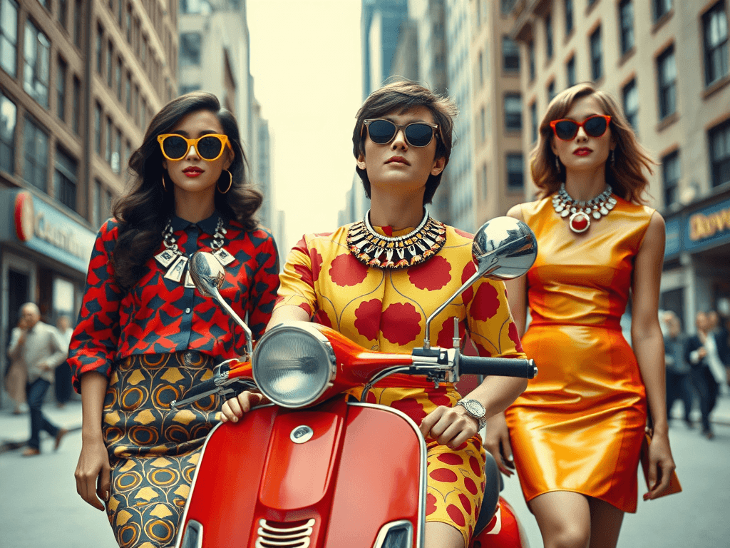 Barevné šperky, módní doplňky, trh s módou, fashion street style, elegantní ženy, retro styl, módní trendy 2023, žena na skútru, výrazné šaty, stylové outfity, městský fashion, módní inspirace.