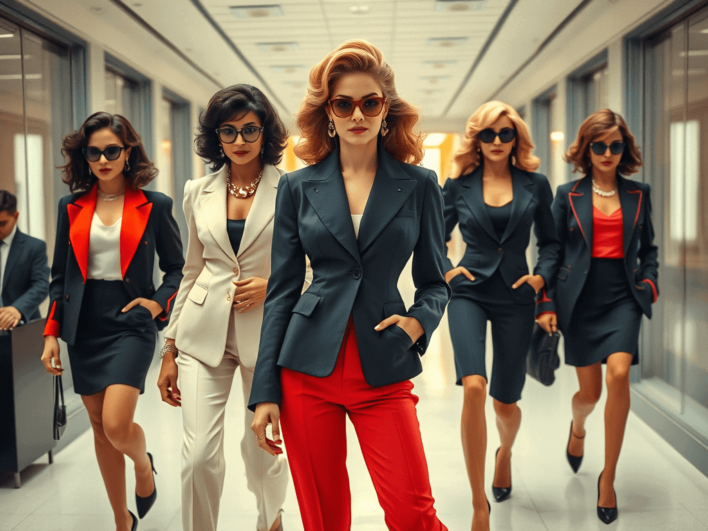 Elegantní dámy v obchodním centru nosí stylové oblečení, ideální pro módní a business příležitosti, s důrazem na profesionální vzhled a moderní trendy.