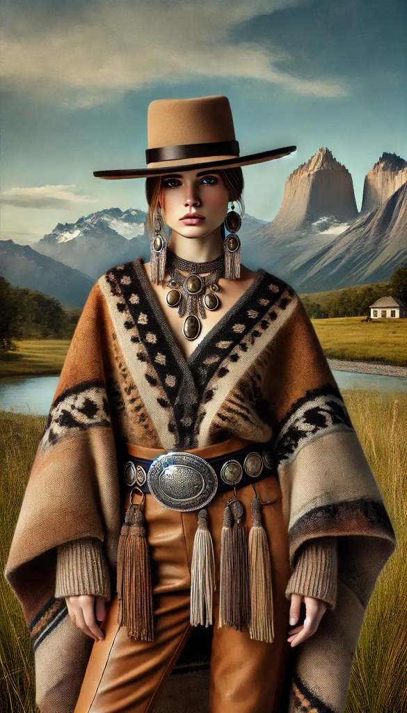 Elegantní žena v tradičním etno stylu s výraznými šperky a šaty v podzimních barvách, stojící v přírodním prostředí s horami a řekou v pozadí, inspirováno etnickým a folklórním designem.