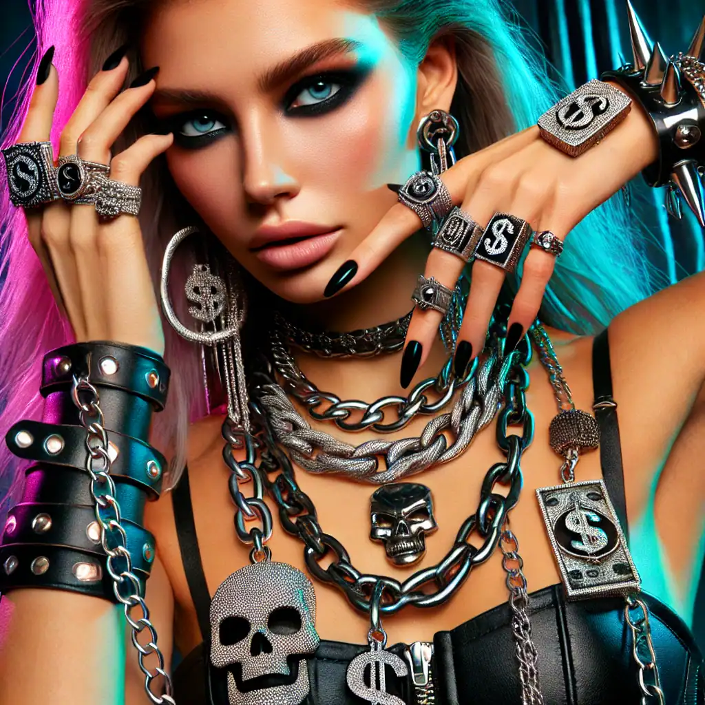 Lesklá móda šperků a módní doplňky s motivy lebek a dolarových bankovek, ideální pro moderní styl a extravagantní vzhled.