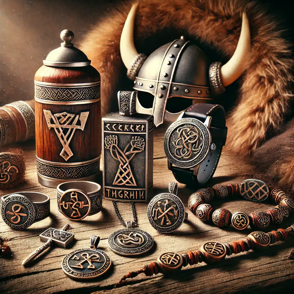 Starověké vikingské šperky a doplňky s runami, vikingská helma s rohy, různé náramky, prstýnky a medailony s vikingskými symboly, na dřevěném povrchu s vikingskou tématikou.