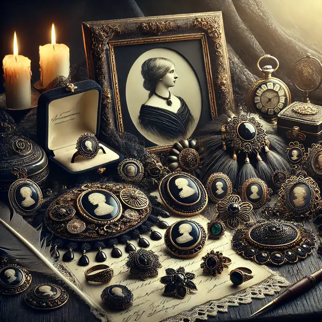 Luxusní vintage šperky s portréty v černé a zlaté barvě, historické šperky a doplňky, portrét ženy v rámu, starožitnosti, módní doplňky, sběratelské kousky, elegantní šperky a perly, romantická a aristokratická atmosféra, retro styl, edvardovská éra.