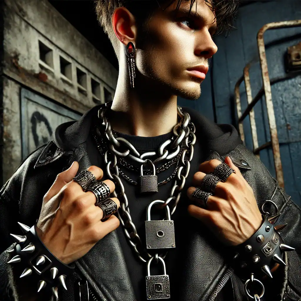 Klenoty z nerezové oceli, rebelství, metalové doplňky, módní šperky, punkové styl, elegantní řetězce, robustní náramky, moderní doplňky, alternativní móda, streetwear style, umělecké šperky, mužský styl, základní doplňky, extravagantní design, módní trendy, unikátní šperky, industriální styl, large statement jewelry, edgy accessories, unisex fashion.