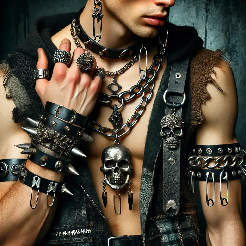 Ozdoby a šperky s motivem lebky, kovové náramky, náhrdelníky a prsteny v punkovém a gothic stylu, ideální pro milovníky alternativního šatníku a edgy módy.