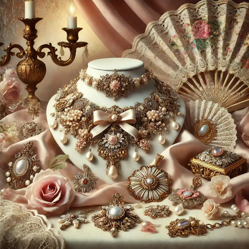 Luxusní šperky a pletence s krajkou a perlami na vintage pozadí, dokonalé pro milovníky elegantních a romantických šperků, ručně vyrobené a inspirované vintage stylem.