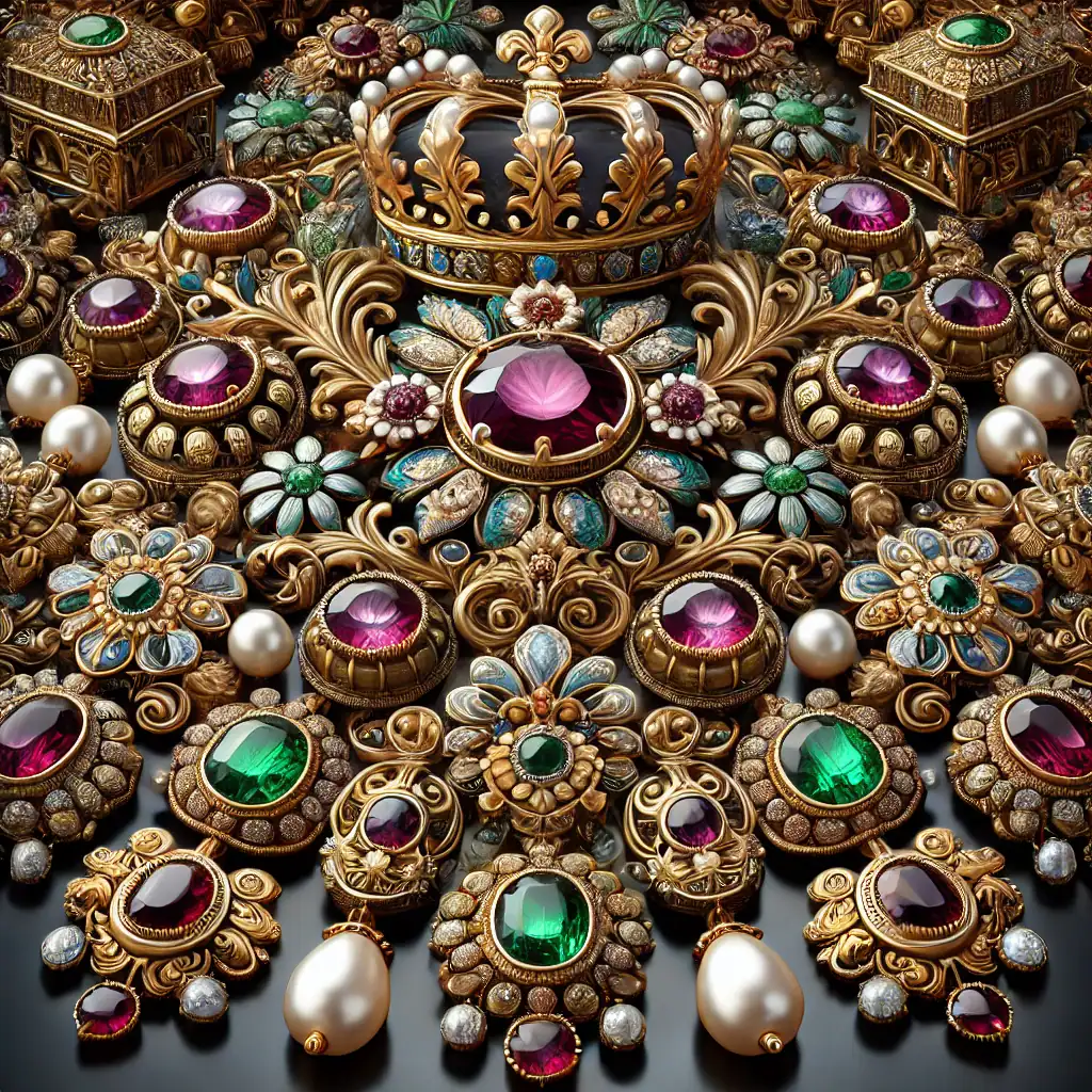 Náhrdelník a šperky z drahých kamenů a zlata, luxusní vintage styl, na sobě náhrdelník s královskou korunou, šperky s rubíny, smaragd, perly, detailní záběr, elegantní a bohaté šperky pro zvláštní příležitosti.