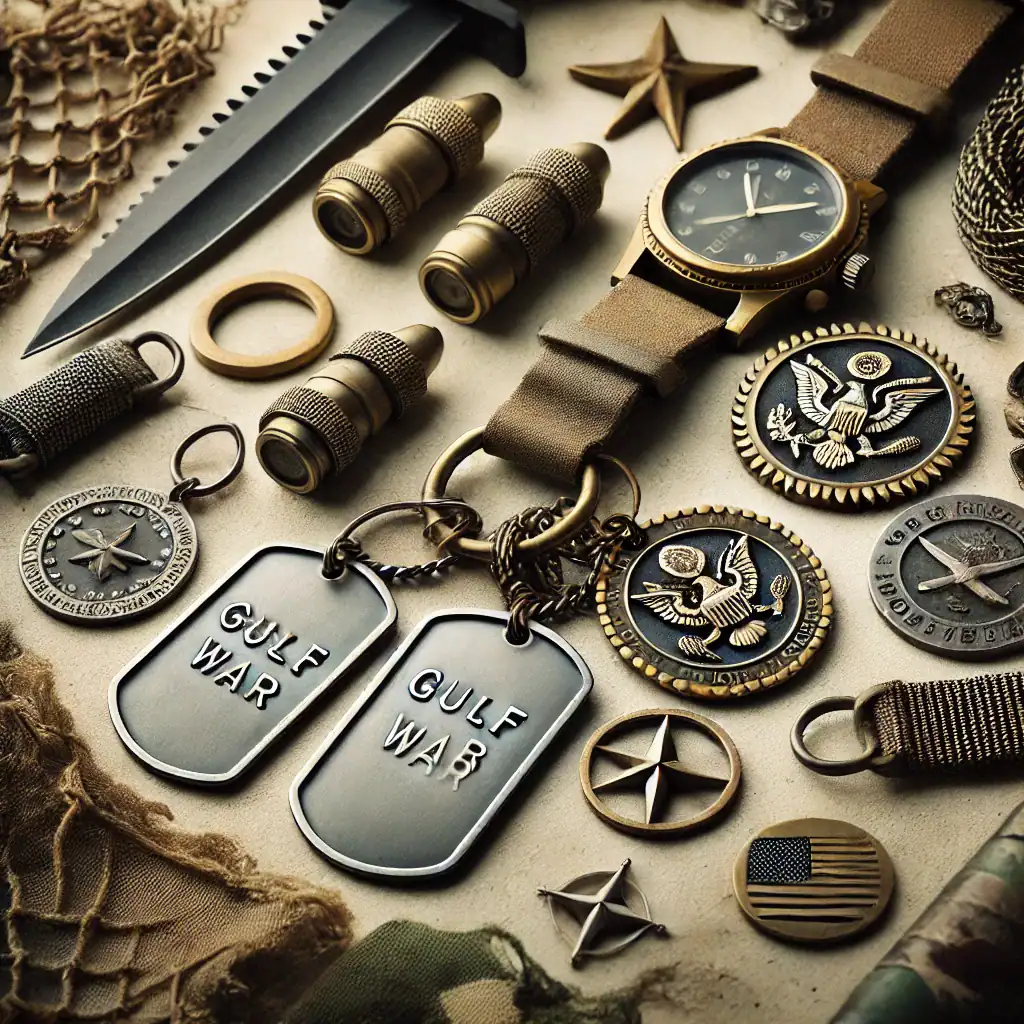 Armádní vojenské doplňky, hodinky, vojenské odznaky a přívěsky, soldier gear, military accessories, vojenské vybavení, Gulf War náramky, vojenské dekorace, taktický styl, vojenská móda.