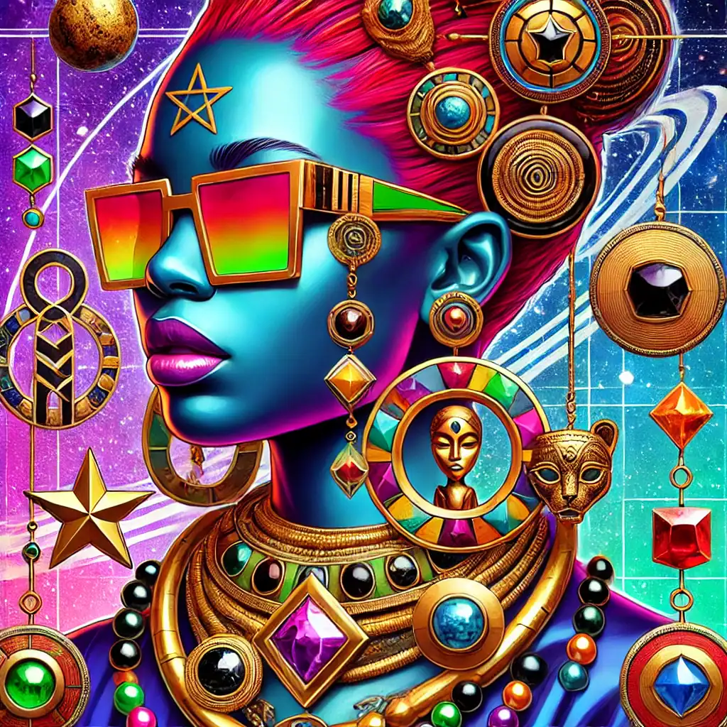 Bead-culture, moderní umění, digitální ilustrace, žena s extravagantními šperky, futuristický styl šperků, barevné a detailní náhrdelníky a náušnice, kreativní cyberpunk influence, umělecké ztvárnění šperků, originální náhrdelníky s geometrickými tvary, šperky inspirované kosmickým motivem.