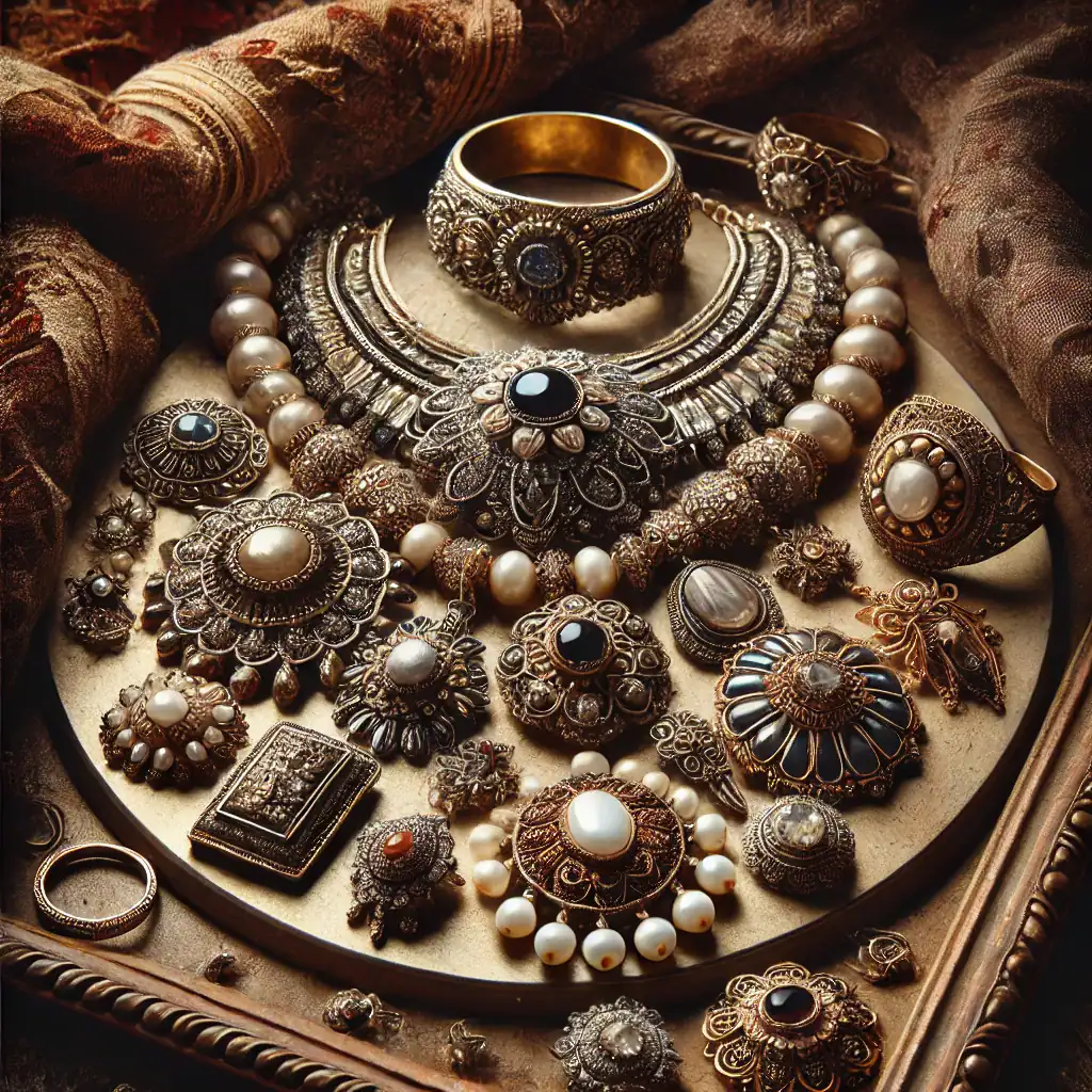 Luxusní starožitná šperkovnice s bohatou kolekcí vintage stříbrných a perlových náhrdelníků, prstenů a broží, tematická výstava starožitných šperků a klenotů pro sběratele a milovníky retro vzhledu.