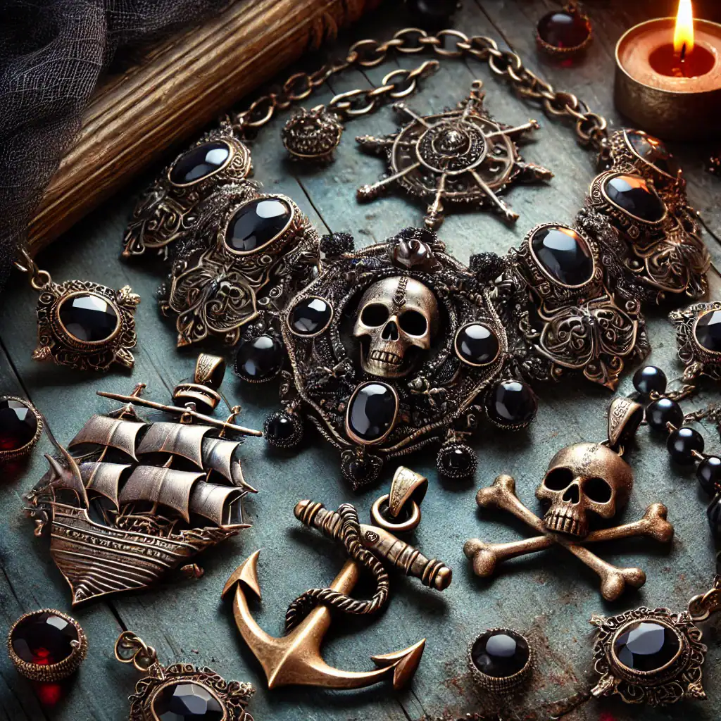 Horbické šperky a dekorace s motivy lebky, kotvy a pirátů, zlaté a stříbrné detaily, temný nádech pro milovníky alternativního stylu a námořnictva, ručně vyráběné ozdoby a doplňky pro každou příležitost.