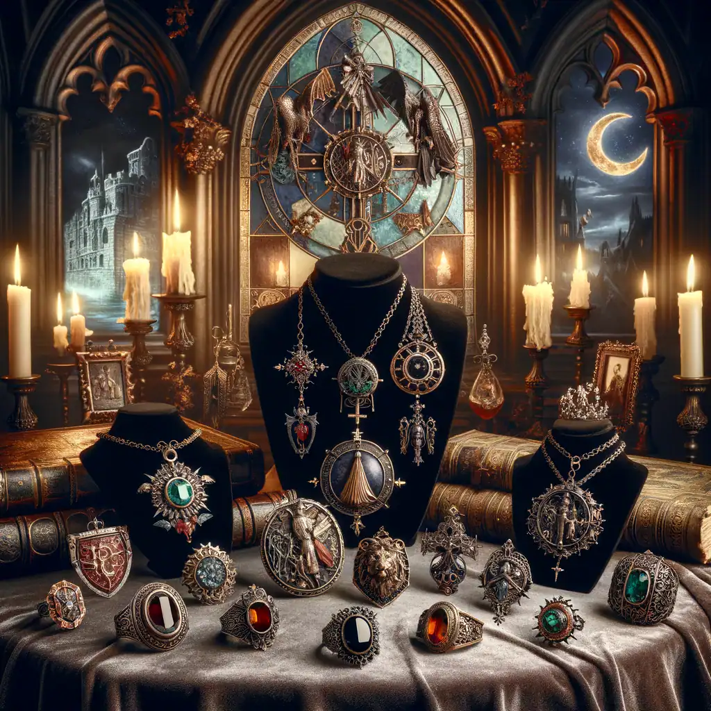 Luxusní prsteny a náhrdelníky s drahými kameny na dřevěném stole, fantasy hodinové ozdoby, ceremoniální šperky, starožitné knihy, svíčky a tajemná atmosféra v rytířském stylu s moon a hvězdami.