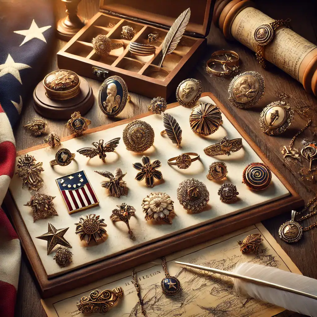Zlaté a stříbrné šperky, odznaky na vintage deskové ploše, sbírka originálních šperků s motýly, květinami a heraldickými motivy, ideální pro milovníky ručně vyráběných šperků a vintage stylu.