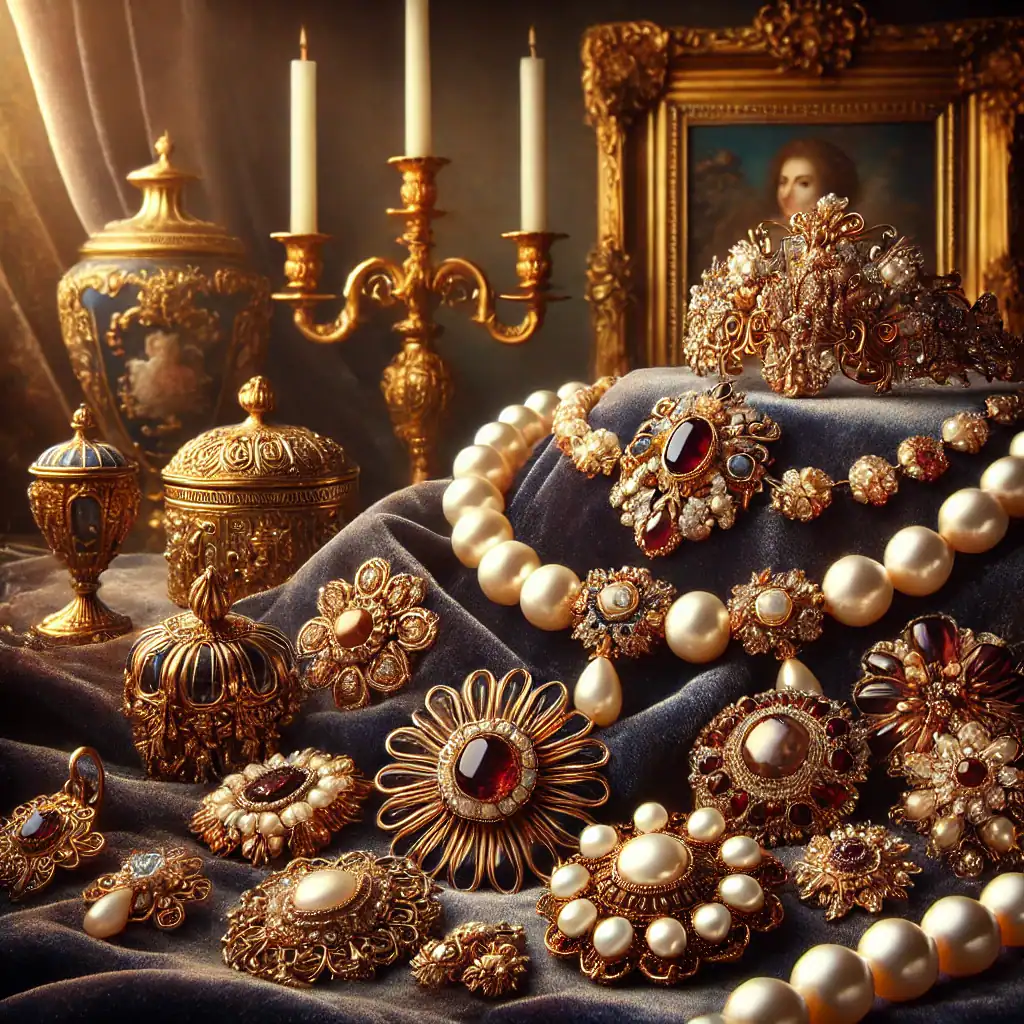 Luxusní starožitná šperkovnice s perlami, drahými kameny a zlatými rytinami, doplněná starožitným portrétem a svícnem, vytváří elegantní a bohatý vintage styl.