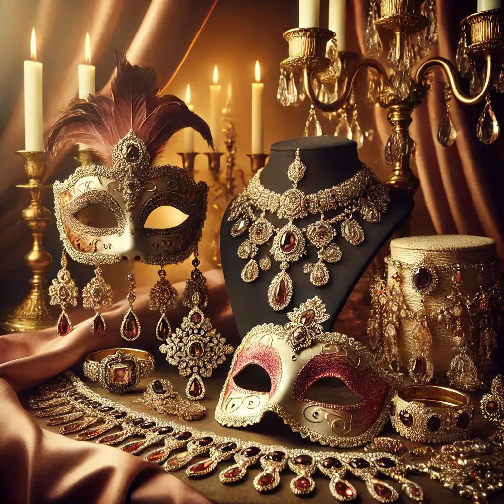 Luxusní šperky a masky na karneval s bohatým zdobením, diamanty a drahými kameny na elegantním podkladu s svícnami, ideální pro dokonalý přepychový vzhled.